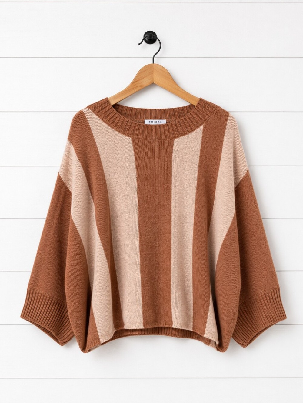 Trina Turk Brown and Cream Striped Crewneck Sweater